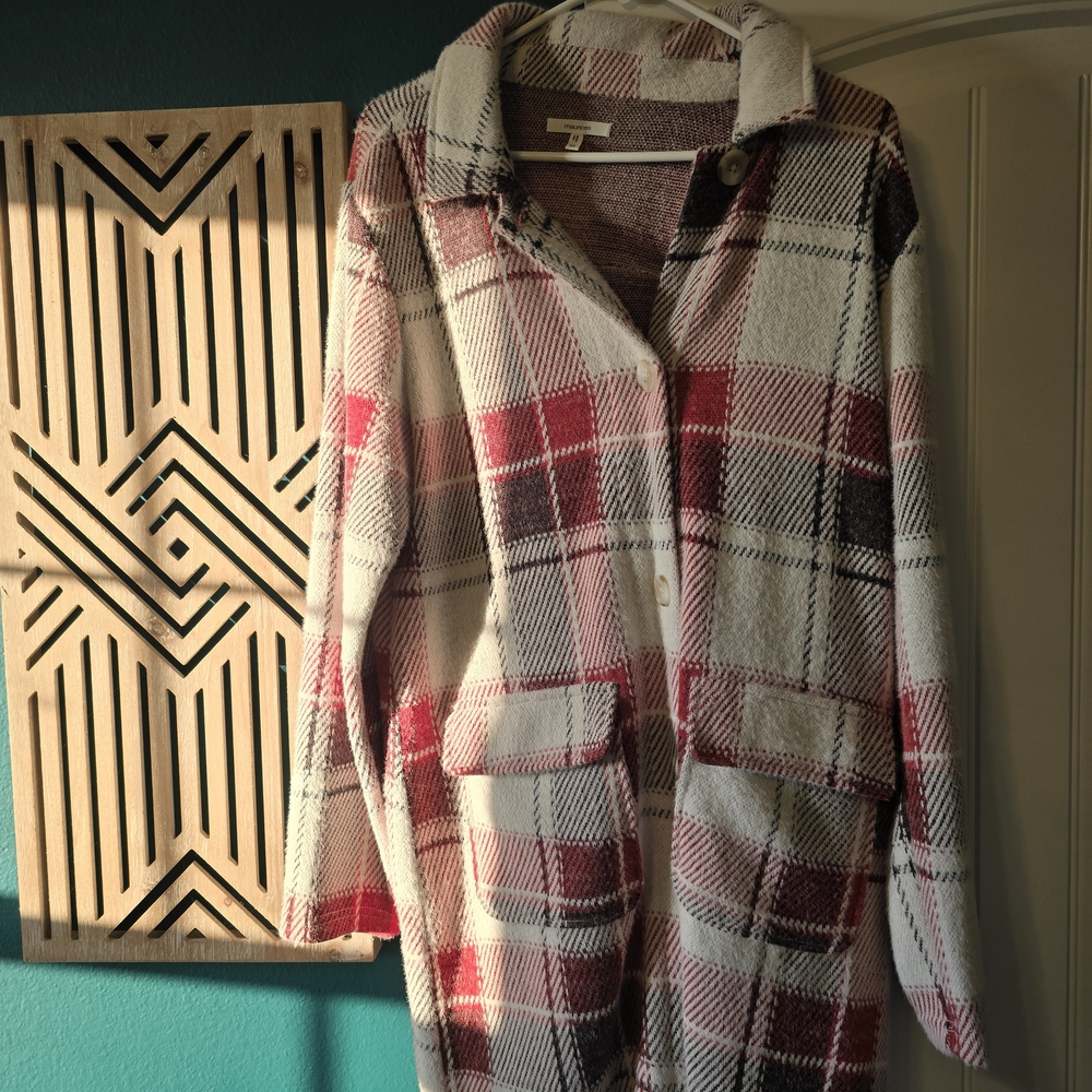 Maurices Red and White Plaid Cardigan